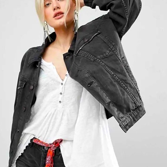 nwt jacket Boho Floral Embroidery - faded black denim jean charcoal coat flowers - Picture 2 of 16